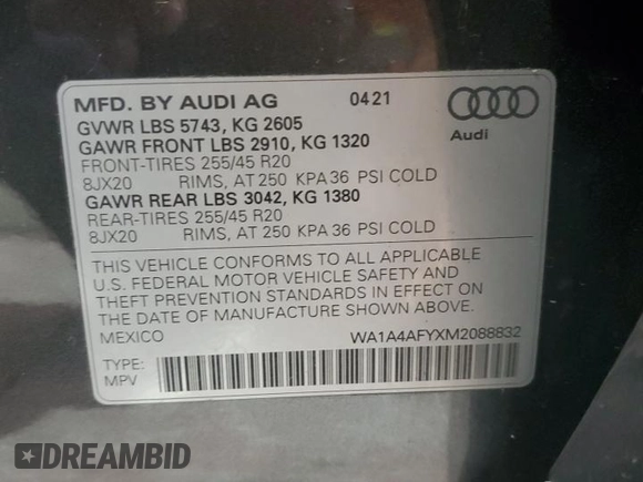 2021 Audi SQ5 Premium Plus with VIN WA1A4AFYXM2088832, listed as a Copart auction lot 79975924 with 3,984 mi miles and Salvage Title. Bid and sale history available at carsss.com. Image 14.