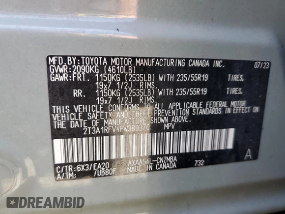 2023 Toyota RAV4 XLE Premium z VIN 2T3A1RFV4PW389370, wystawiony jako Copart lot #55143995 z przebiegiem Nie podano mil oraz Nie do naprawy • Non repairable. Historia ofert i sprzedaży dostępna na DreamBid. Obrazek 13.