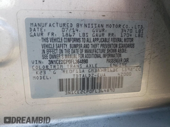 2015 Nissan Note SV with VIN 3N1CE2CP0FL364890, listed as a Copart auction lot 54951395 with 226,675 mi miles and Clean Title. Bid and sale history available at DreamBid. Image 12.