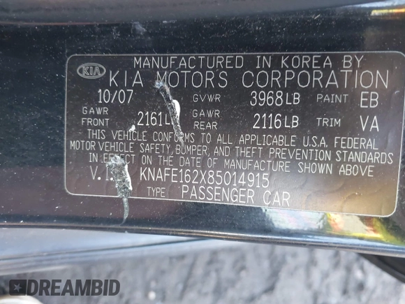 2008 Kia Spectra with VIN KNAFE162X85014915, listed as a IAAI auction lot 41679990 with Not provided miles and . Bid and sale history available at DreamBid. Image 9.