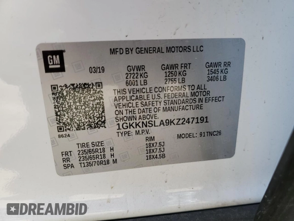 2019 GMC Acadia SLE with VIN 1GKKNSLA9KZ247191, listed as a Copart auction lot 79934844 with 108,341 mi miles and Salvage Title. Bid and sale history available at DreamBid. Image 15.