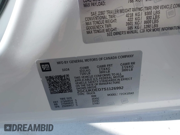 2025 Chevrolet Silverado 1500 LT with VIN 2GCUKDED7S1126992, listed as a IAAI auction lot 41696975 with 5,459 mi miles and . Bid and sale history available at DreamBid. Image 9.