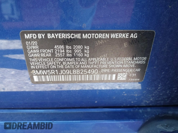 2020 BMW 3 Series 330i with VIN 3MW5R1J09L8B25490, listed as a IAAI auction lot 42404186 with 82,050 mi miles and . Bid and sale history available at DreamBid. Image 9.