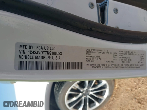2022 Jeep Wagoneer Series III with VIN 1C4SJVDT7NS108523, listed as a IAAI auction lot 41996999 with 98,512 mi miles and . Bid and sale history available at DreamBid. Image 9.