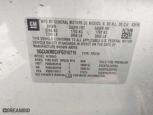 2015 Chevrolet Silverado 1500 LT with VIN 3GCUKREC0FG316716, listed as a IAAI auction lot 41908921 with 242,093 mi miles. Bid and sale history available at carsss.com. Image 9.