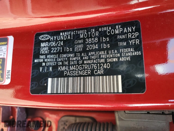 2024 Hyundai Elantra SEL with VIN KMHLM4DG7RU761240, listed as a Copart auction lot 54633445 with 6,782 mi miles and Salvage Title. Bid and sale history available at carsss.com. Image 12.