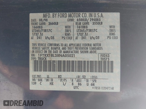 1999 Ford F-150 XL with VIN 1FTRX18L3XNA05021, listed as a IAAI auction lot 42138727 with 1 mi miles. Bid and sale history available at carsss.com. Image 9.