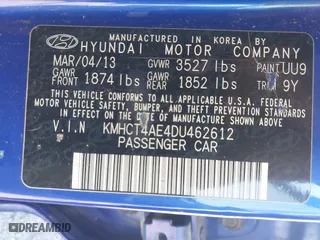 2013 Hyundai Accent GLS with VIN KMHCT4AE4DU462612, listed as a IAAI auction lot 41757907 with 177,171 mi miles. Bid and sale history available at carsss.com. Image 9.