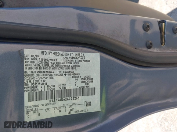1999 Ford Taurus SE Standard with VIN 1FAFP58U6XA228265, listed as a IAAI auction lot 42623666 with 137,429 mi miles and . Bid and sale history available at DreamBid. Image 9.