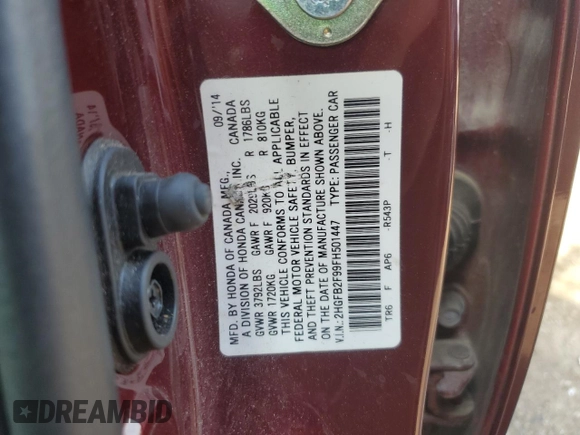 2015 Honda Civic EX-L z VIN 2HGFB2F99FH501447, wystawiony jako Copart lot #54046345 z przebiegiem 116 910 mil mil oraz Szkoda całkowita • Salvage title. Historia ofert i sprzedaży dostępna na DreamBid. Obrazek 13.