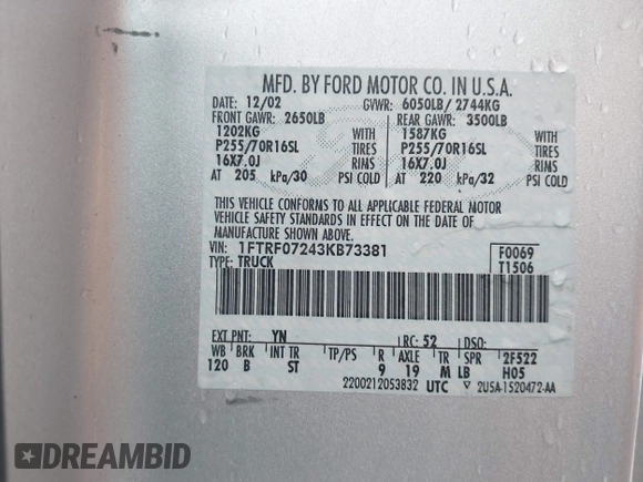 2003 Ford F-150 XL with VIN 1FTRF07243KB73381, listed as a IAAI auction lot 41422116 with Not provided miles and . Bid and sale history available at DreamBid. Image 9.