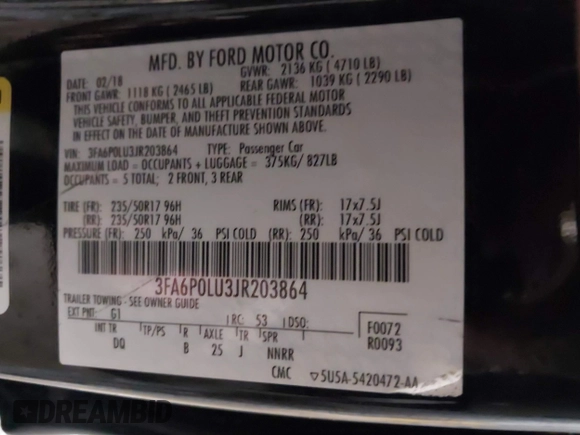 2018 Ford Fusion SE z VIN 3FA6P0LU3JR203864, wystawiony jako IAAI lot #41476335 z przebiegiem 49 246 mil mil oraz . Historia ofert i sprzedaży dostępna na DreamBid. Obrazek 9.