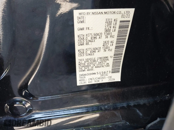 2021 Nissan Titan Pro-4X with VIN 1N6AA1ED4MN515673, listed as a IAAI auction lot 42028678 with 128,719 mi miles and . Bid and sale history available at DreamBid. Image 9.