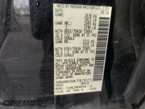 2016 Nissan Frontier S with VIN 1N6AD0EV3GN797075, listed as a Copart auction lot 86207984 with 132,836 mi miles and Salvage title. Bid and sale history available at DreamBid. Image 12.