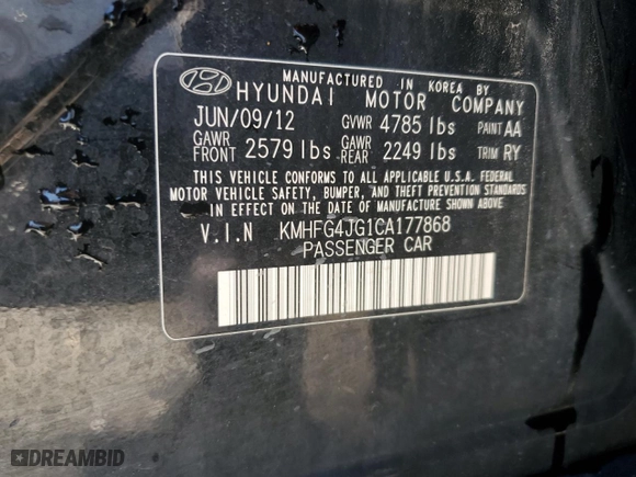 2012 Hyundai Azera with VIN KMHFG4JG1CA177868, listed as a Copart auction lot 73169574 with 90,657 mi miles and Salvage Title. Bid and sale history available at carsss.com. Image 12.