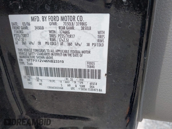 2006 Ford F-150 XL с VIN 1FTPX12V46NB23319, выставлен на аукционе IAAI как лот 42300089 с пробегом 201 268 миль миль и . История ставок и продаж доступна на DreamBid. Изображение 9.