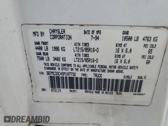1995 Dodge 3500 with VIN 3B7MC33C4SM107732, listed as a Copart auction lot 57649255 with 268,793 mi miles and Non repairable. Bid and sale history available at DreamBid. Image 12.