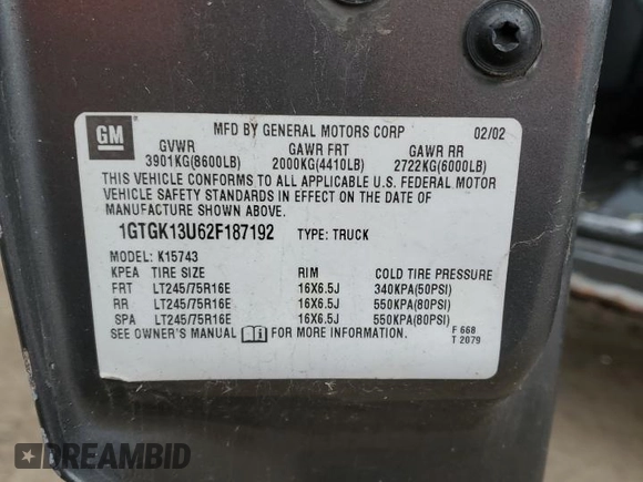 2002 GMC Sierra 1500HD SLE z VIN 1GTGK13U62F187192, wystawiony jako Copart lot #41468345 z przebiegiem Nie podano mil oraz Czysty tytuł • Clean title. Historia ofert i sprzedaży dostępna na DreamBid. Obrazek 12.