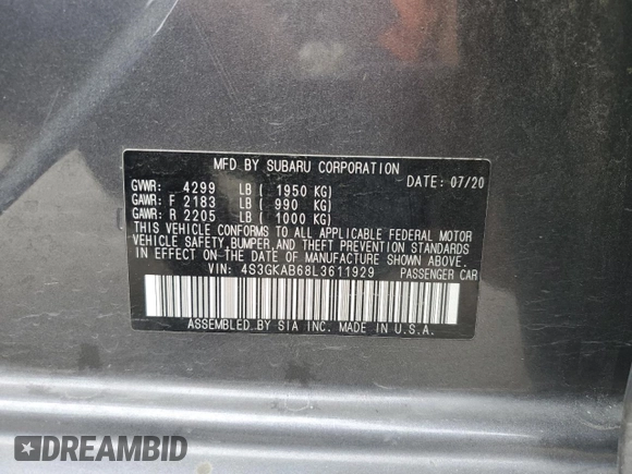 2020 Subaru Impreza z VIN 4S3GKAB68L3611929, wystawiony jako Copart lot #55852725 z przebiegiem 45 275 mil mil oraz Szkoda całkowita • Salvage title. Historia ofert i sprzedaży dostępna na DreamBid. Obrazek 13.