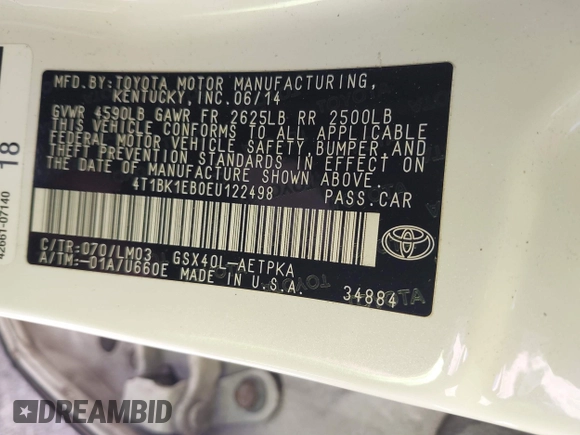 2014 Toyota Avalon Limited with VIN 4T1BK1EB0EU122498, listed as a IAAI auction lot 40248080 with 126,818 mi miles and . Bid and sale history available at DreamBid. Image 9.
