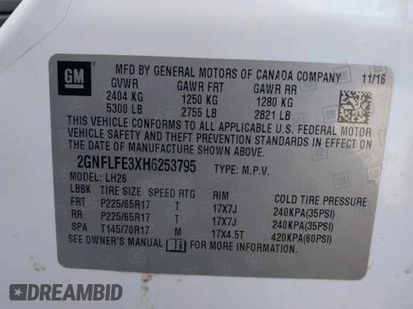 2017 Chevrolet Equinox LT with VIN 2GNFLFE3XH6253795, listed as a IAAI auction lot 42047983 with 275,908 mi miles and . Bid and sale history available at carsss.com. Image 9.