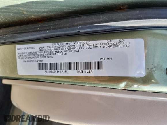 2006 Subaru Legacy Outback Limited with VIN 4S4BP62C467341654, listed as a Copart auction lot 58865145 with 298,826 mi miles and Clean title. Bid and sale history available at DreamBid. Image 12.