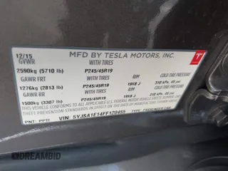 2015 Tesla Model S 85 with VIN 5YJSA1E14FF120455, listed as a IAAI auction lot 42053306 with 62,817 mi miles and . Bid and sale history available at DreamBid. Image 9.