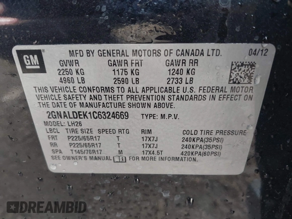 2012 Chevrolet Equinox 1LT z VIN 2GNALDEK1C6324669, wystawiony jako IAAI lot #42213467 z przebiegiem 197 876 mil mil oraz . Historia ofert i sprzedaży dostępna na DreamBid. Obrazek 9.