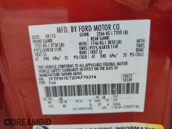 2013 Ford F-150 XL с VIN 1FTFW1ET2DKF79374, выставлен на аукционе Copart как лот 61192585 с пробегом 229 286 миль миль и Чистый • Clean title. История ставок и продаж доступна на DreamBid. Изображение 12.