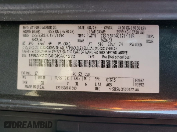 2016 Ford Transit XL with VIN 1FBAX2CG0GKA01270, listed as a Copart auction lot 46276735 with Not provided miles and Salvage title. Bid and sale history available at DreamBid. Image 15.