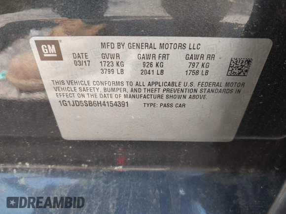 2017 Chevrolet Sonic LT z VIN 1G1JD5SB6H4154391, wystawiony jako IAAI lot #42581620 z przebiegiem 83 073 mil mil oraz . Historia ofert i sprzedaży dostępna na DreamBid. Obrazek 9.