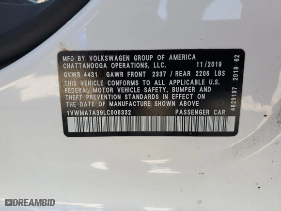 2020 Volkswagen Passat 2.0T R-Line with VIN 1VWMA7A39LC006332, listed as a Copart auction lot 47356655 with 72,560 mi miles and Salvage Title. Bid and sale history available at carsss.com. Image 13.