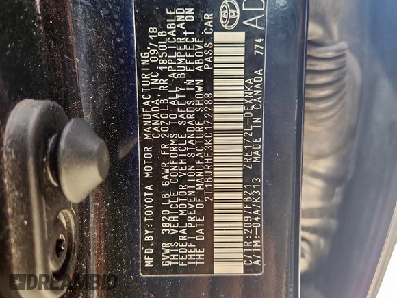 2019 Toyota Corolla L with VIN 2T1BURHE3KC172288, listed as a Copart auction lot 61043655 with 91,282 mi miles and Salvage title. Bid and sale history available at DreamBid. Image 12.