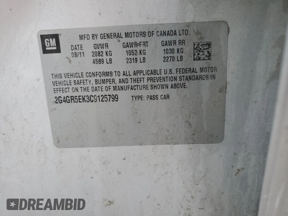 2012 Buick Regal с VIN 2G4GR5EK3C9125799, выставлен на аукционе Copart как лот 53996575 с пробегом 202 385 миль миль и Списание • Salvage title. История ставок и продаж доступна на DreamBid. Изображение 12.