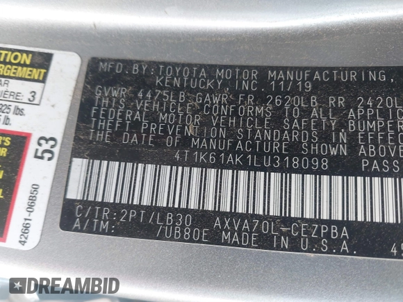 2020 Toyota Camry XSE with VIN 4T1K61AK1LU318098, listed as a IAAI auction lot 41838182 with 64,118 mi miles and . Bid and sale history available at DreamBid. Image 9.