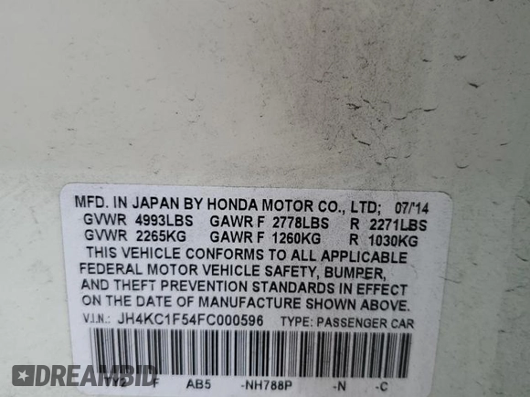 2015 Acura RLX Tech Pkg with VIN JH4KC1F54FC000596, listed as a Copart auction lot 84196324 with 0 mi miles and Salvage Title. Bid and sale history available at carsss.com. Image 12.