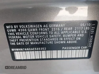 2010 Volkswagen CC Lux Limited Edition z VIN WVWHN7ANXAE565352, wystawiony jako IAAI lot #42032313 z przebiegiem 192 374 mil mil oraz . Historia ofert i sprzedaży dostępna na DreamBid. Obrazek 9.