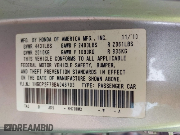 2011 Honda Accord EX with VIN 1HGCP2F79BA048703, listed as a IAAI auction lot 42425363 with 216,233 mi miles and . Bid and sale history available at DreamBid. Image 9.