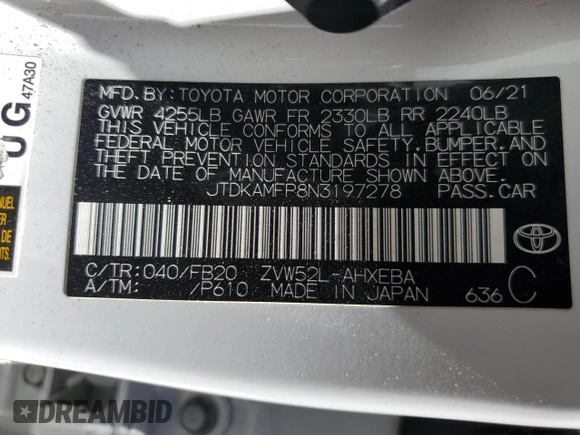 2022 Toyota Prius LE z VIN JTDKAMFP8N3197278, wystawiony jako Copart lot #55828765 z przebiegiem 122 709 mil mil oraz Szkoda całkowita • Salvage title. Historia ofert i sprzedaży dostępna na DreamBid. Obrazek 12.
