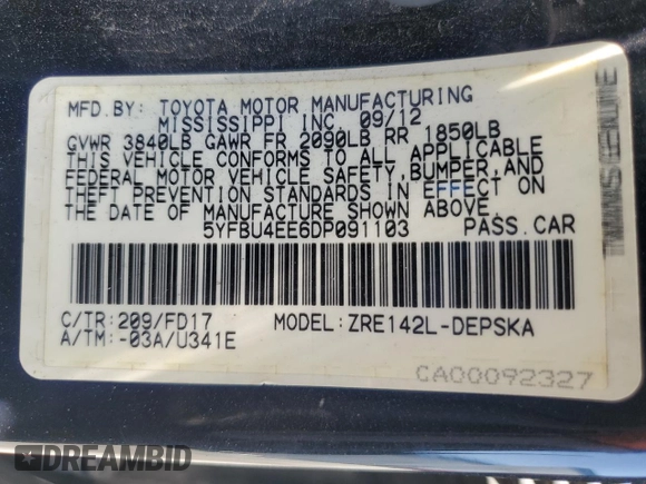 2013 Toyota Corolla L with VIN 5YFBU4EE6DP091103, listed as a Copart auction lot 56421815 with 250,433 mi miles and Salvage title. Bid and sale history available at DreamBid. Image 12.
