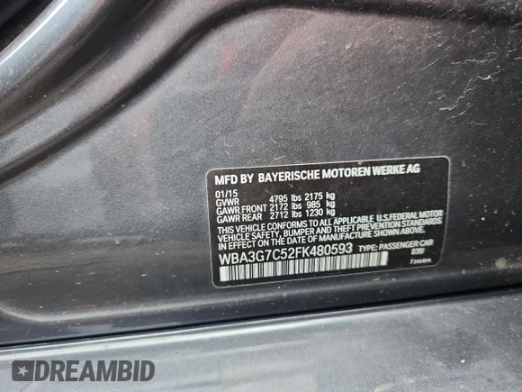 2015 BMW 3 Series 328i xDrive с VIN WBA3G7C52FK480593, выставлен на аукционе Copart как лот 63204795 с пробегом 125 690 миль миль и Списание • Salvage title. История ставок и продаж доступна на DreamBid. Изображение 12.