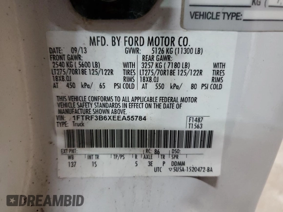 2014 Ford F-350 XL with VIN 1FTRF3B6XEEA55784, listed as a Copart auction lot 62007995 with 71,765 mi miles and Salvage title. Bid and sale history available at DreamBid. Image 12.