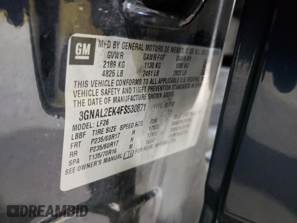 2015 Chevrolet Captiva Sport LS with VIN 3GNAL2EK4FS530871, listed as a Copart auction lot 53811375 with 115,901 mi miles and Salvage Title. Bid and sale history available at DreamBid. Image 13.