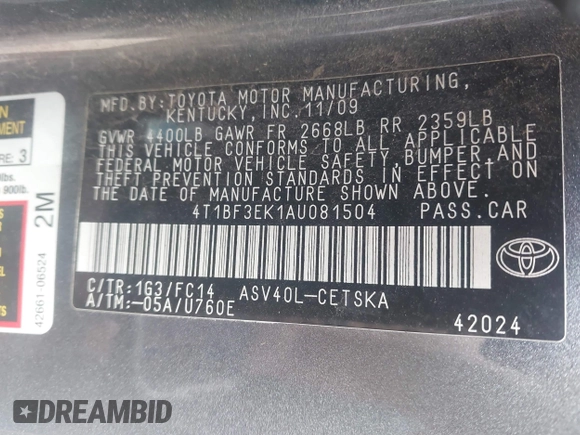 2010 Toyota Camry with VIN 4T1BF3EK1AU081504, listed as a IAAI auction lot 42080686 with 287,328 mi miles and . Bid and sale history available at DreamBid. Image 9.
