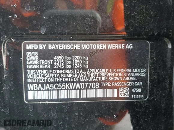 2019 BMW 5 Series 530i with VIN WBAJA5C55KWW07708, listed as a Copart auction lot 45111275 with 42,363 mi miles and Salvage Title. Bid and sale history available at carsss.com. Image 12.