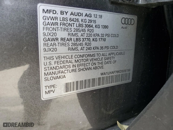 2019 Audi Q7 Premium Plus with VIN WA1LHAF78KD026156, listed as a Copart auction lot 47669225 with 87554 miles and Non Repairable. Bid and sale history available at carsss.com. Image 13.