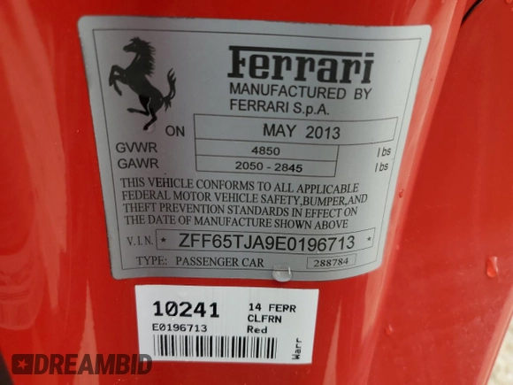 2014 Ferrari California z VIN ZFF65TJA9E0196713, wystawiony jako Copart lot #73682984 z przebiegiem Nie podano mil oraz Nie do naprawy. Historia ofert i sprzedaży dostępna na DreamBid. Obrazek 12.