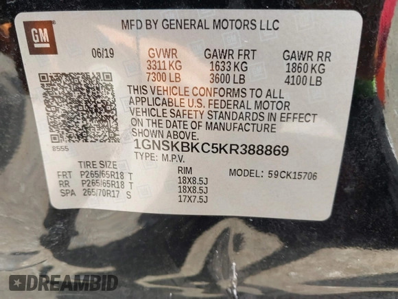 2019 Chevrolet Tahoe LT z VIN 1GNSKBKC5KR388869, wystawiony jako IAAI lot #42354451 z przebiegiem 111 359 mil mil oraz . Historia ofert i sprzedaży dostępna na DreamBid. Obrazek 9.