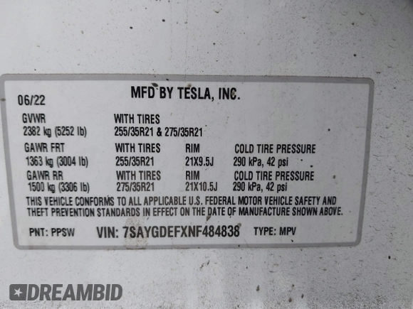2022 Tesla Model Y Performance z VIN 7SAYGDEFXNF484838, wystawiony jako IAAI lot #41392095 z przebiegiem 8 728 mil mil oraz . Historia ofert i sprzedaży dostępna na DreamBid. Obrazek 9.