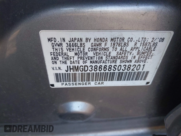 2008 Honda Fit Sport with VIN JHMGD38668S038201, listed as a IAAI auction lot 41936038 with 186,816 mi miles. Bid and sale history available at carsss.com. Image 9.